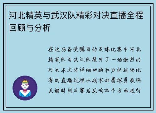 河北精英与武汉队精彩对决直播全程回顾与分析